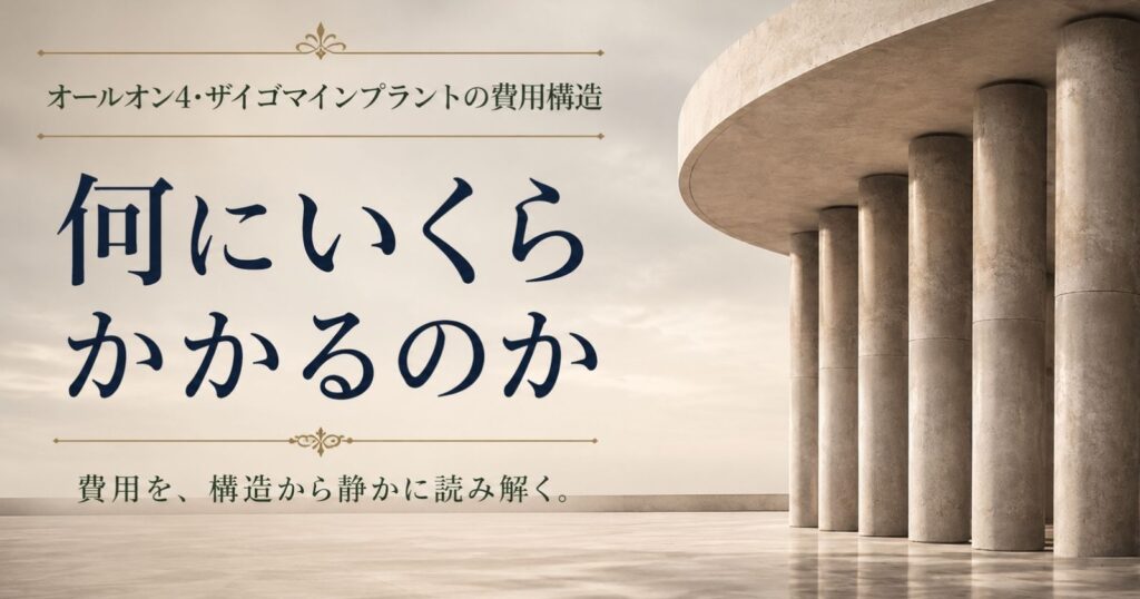 オールオン4・ザイゴマインプラントの費用は、本数や術式だけでは決まりません。骨の状態・咬合・全顎的な設計を含めた費用構造を整理します。群馬県太田市の大川歯科医院