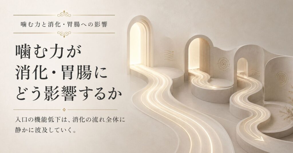 噛むことが消化の最初の工程として胃腸に関わることを示す抽象イメージ