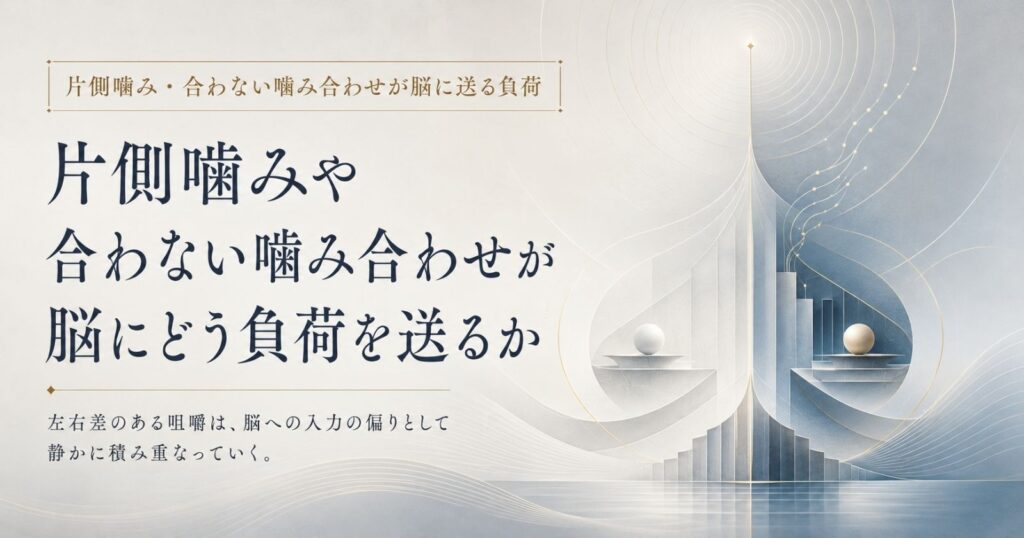 片側噛み・噛み合わせの偏りが脳に送る負荷を示す抽象イメージ