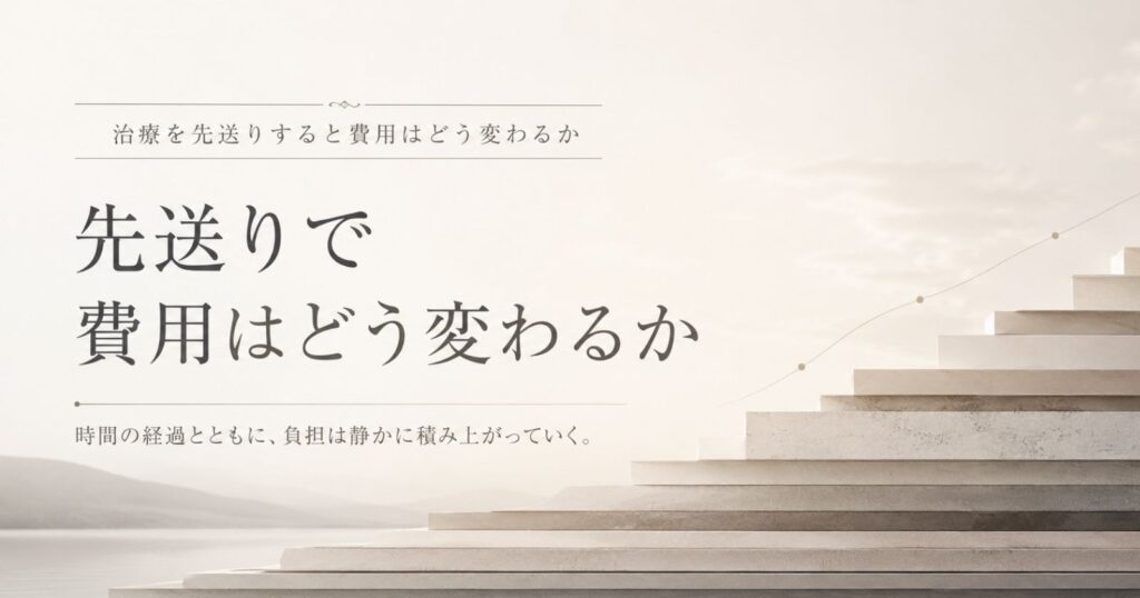 治療の先送りが費用の構造にどう関わるかを時間軸で示す抽象イメージ