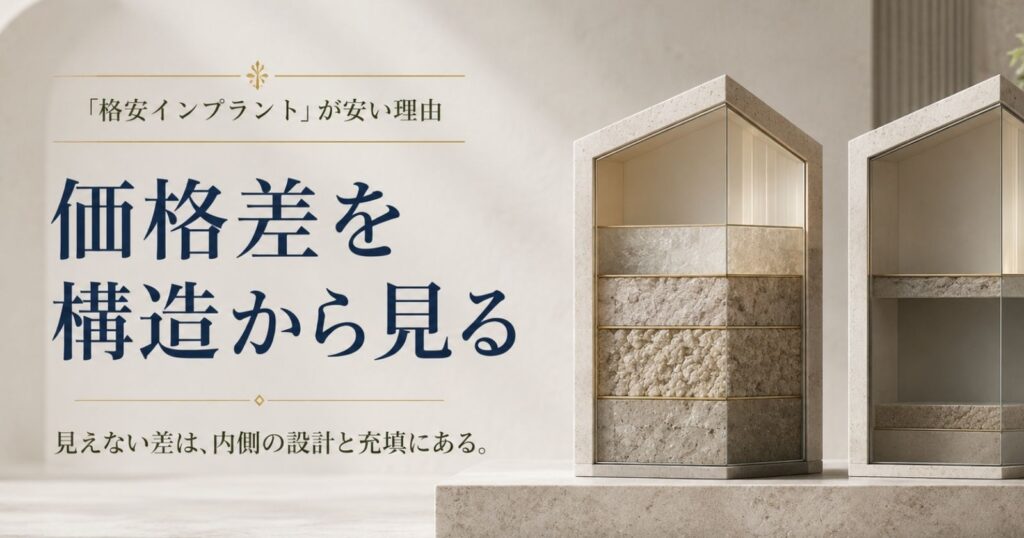 格安インプラントの価格差を構造から見ることをテーマにした、内側の差を示す抽象イメージ