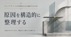 インプラントの失敗の原因を構造的に整理することをテーマにした、負荷のかかりを見極める抽象イメージ