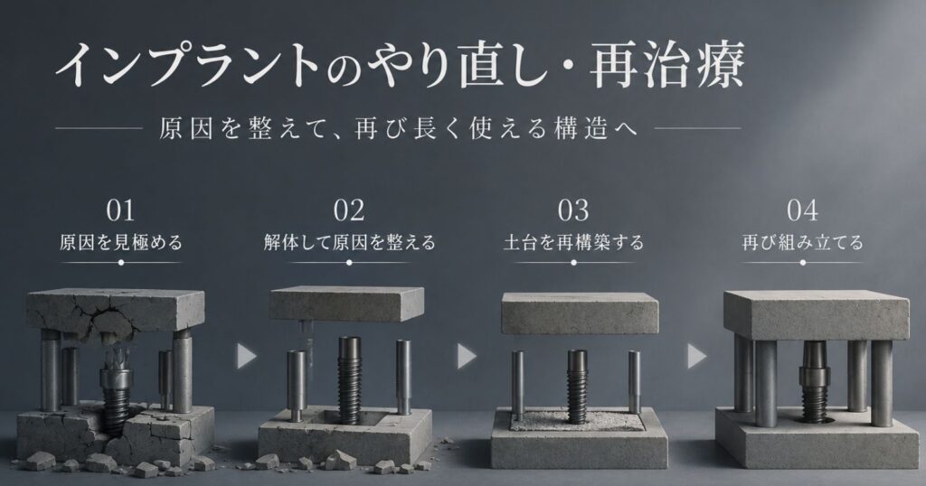 インプラントのやり直し・再治療をテーマにした、原因を整えて組み直す抽象イメージ
