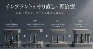 インプラントのやり直し・再治療をテーマにした、原因を整えて組み直す抽象イメージ