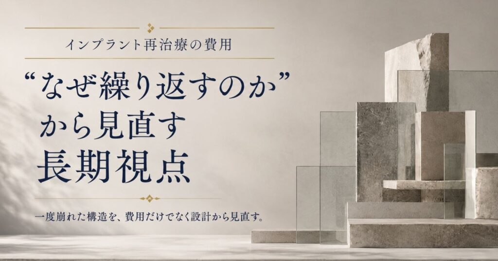 インプラント再治療の費用は、金額の比較だけでは判断できません。咬合・骨・口腔全体を踏まえた診断によって、本質的な価値と長期安定性が変わります。群馬県太田市の大川歯科医院。