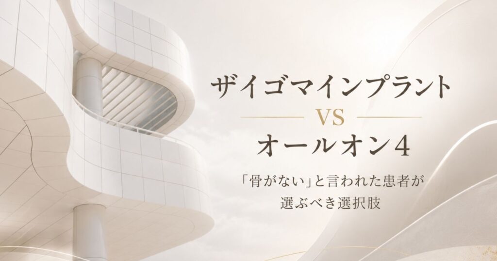 上顎の骨吸収が進行した患者が直面する「ザイゴマ or オールオン4」の選択を、診査による判定基準・費用・期間から整理します。