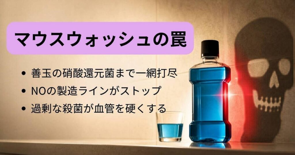 強い殺菌性マウスウォッシュが口腔フローラの硝酸還元菌を破壊するリスクのイメージ