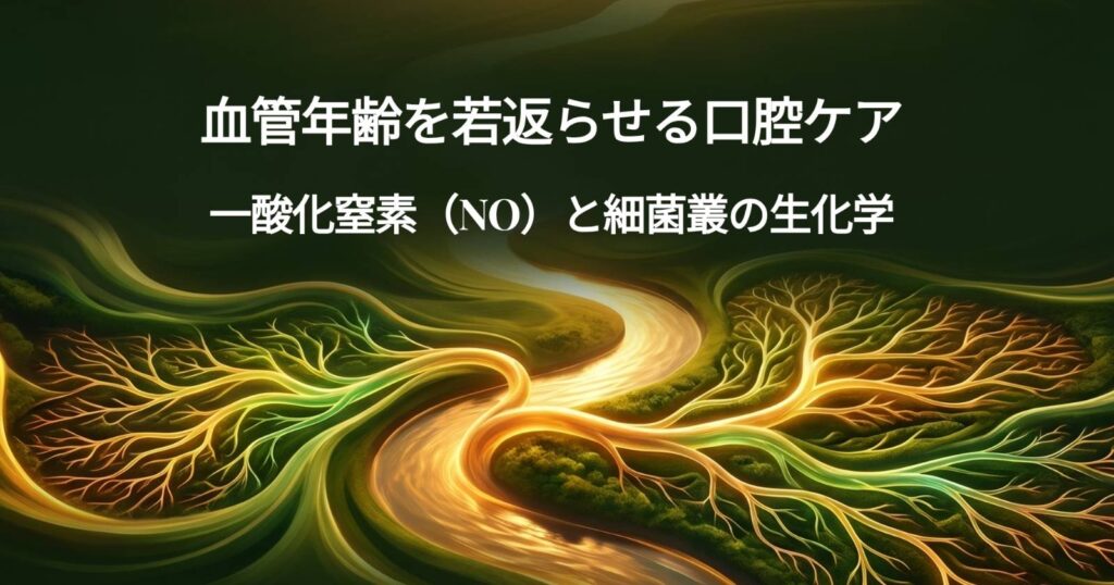 NO(一酸化窒素)と血管年齢のイメージ — 口腔ケアと長寿医療をつなぐ図解