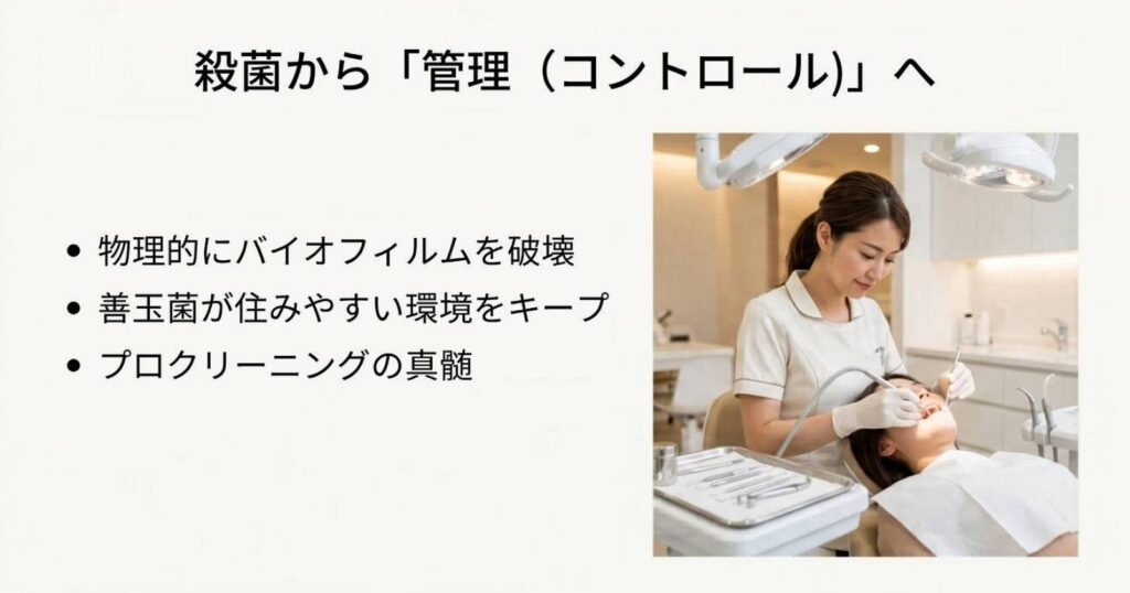 プロフェッショナルクリーニングでバイオフィルムを物理的にコントロールする口腔ケアのイメージ